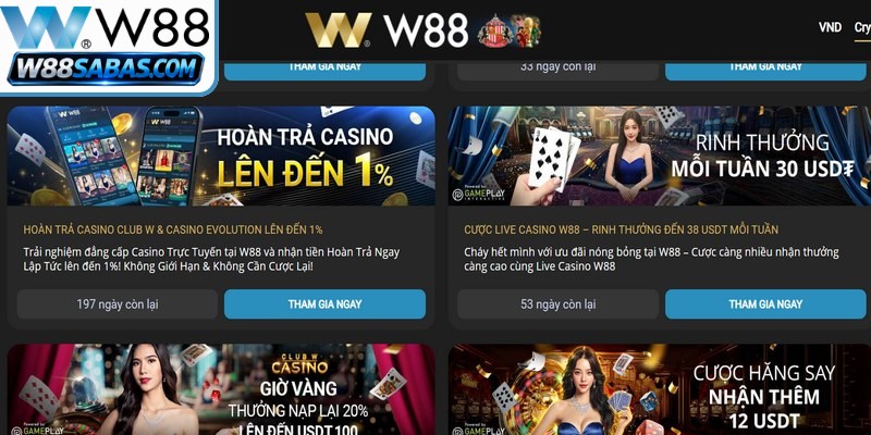 Khuyến Mãi W88 Siêu Hot, Tặng Quà Thả Ga Khi Tham Gia 2 Chương trình hoàn trả cược W88 được triển khai định kỳ