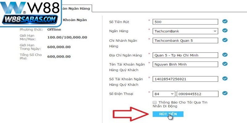 Rút Tiền W88 Trên Apps - Hướng Dẫn Thực Hiện Siêu Nhanh 2 Thực hiện rút tiền W88 trên Apps về tài khoản ngân hàng chính chủ